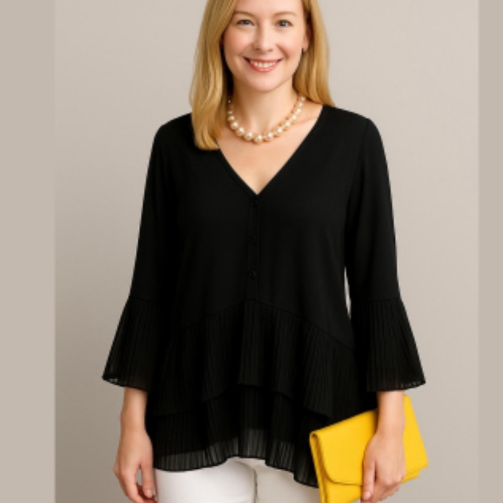 DEX Black Pleated Accents Long Sleeve Blouse 1X